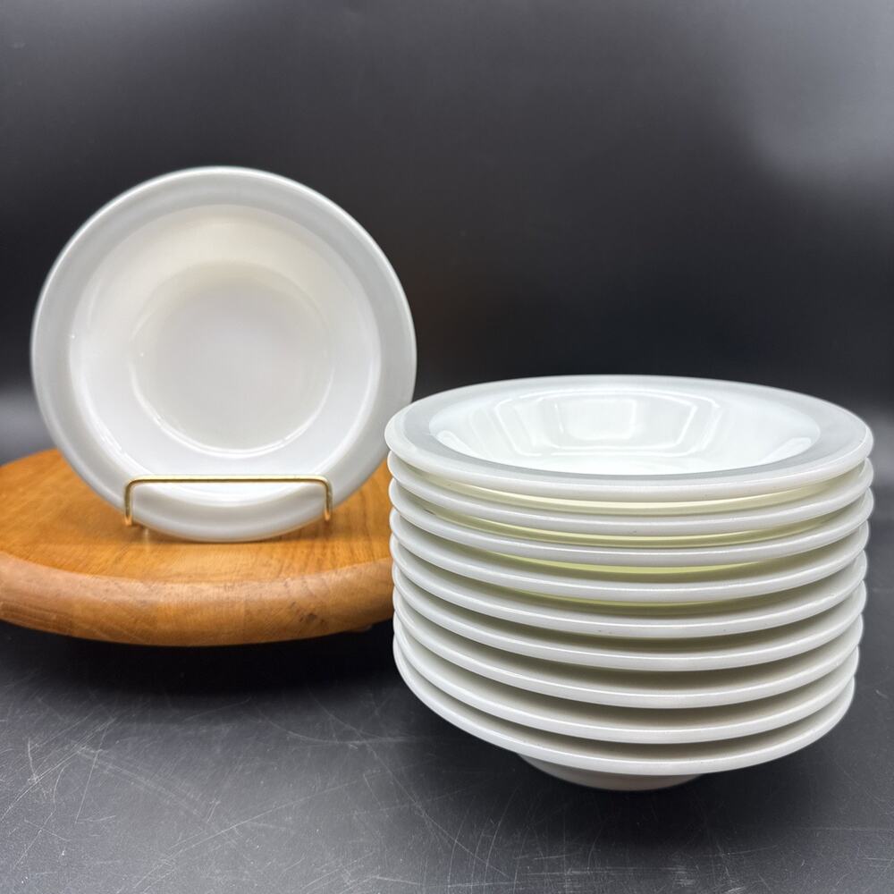 10 Rare Vintage Corning Little Joe White Opal Glass W/Grey Rim Soup/Salad Bowls